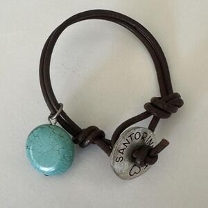 Santorini Bracelet Brown Leather Turquoise Charm 7 Inch Blue Toggle Love